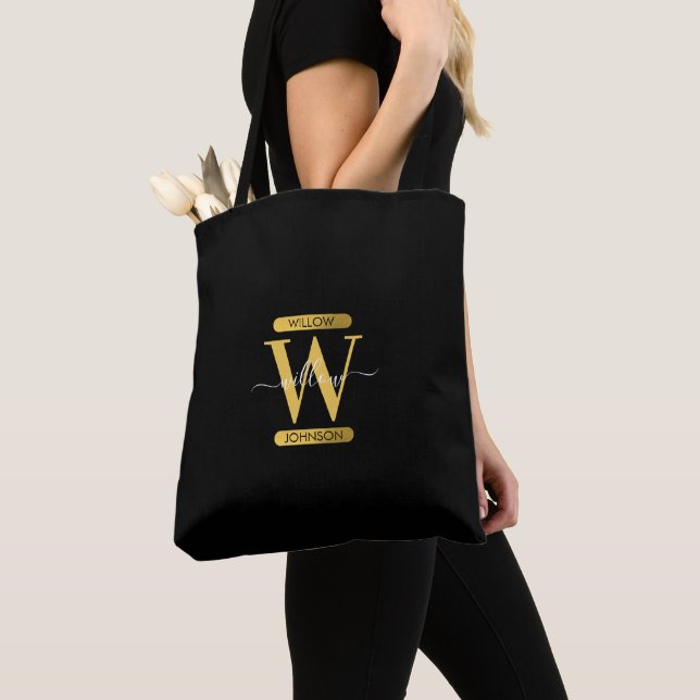 Elegantes Schwarz & Gold Monogram Modernes Skript Tasche (Von Nahem)