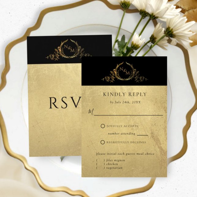 Elegantes Schwarz-Gold Monogramm mit/ohne Mahlzeit RSVP Karte (Von Creator hochgeladen)