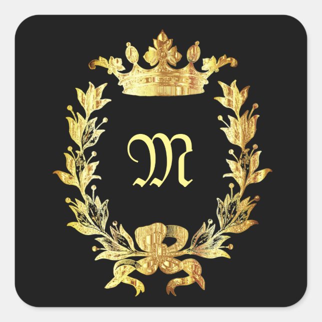Elegantes Schwarz-Gold-Monogramm Quadratischer Aufkleber (Vorderseite)
