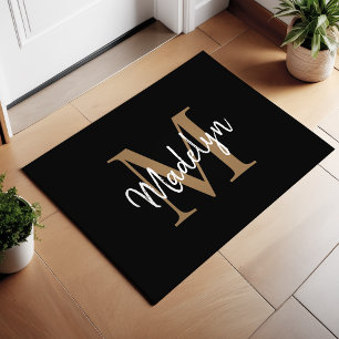 Elegantes Schwarz-Gold-Monogramm-Skript Fußmatte