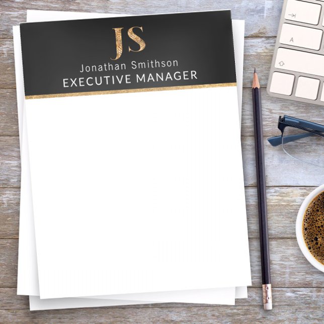 Elegantes Schwarz-Gold-Personalisiertes Monogramm Briefbogen (Von Creator hochgeladen)