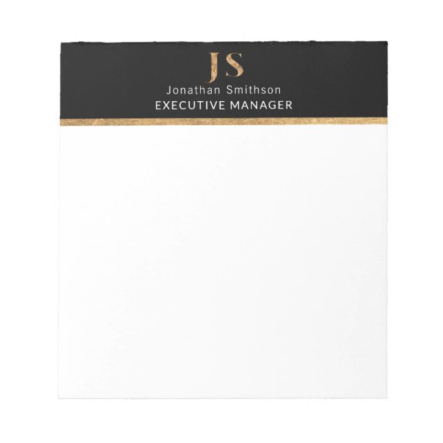 Elegantes Schwarz-Gold-Personalisiertes Monogramm Notizblock (Vorderseite)