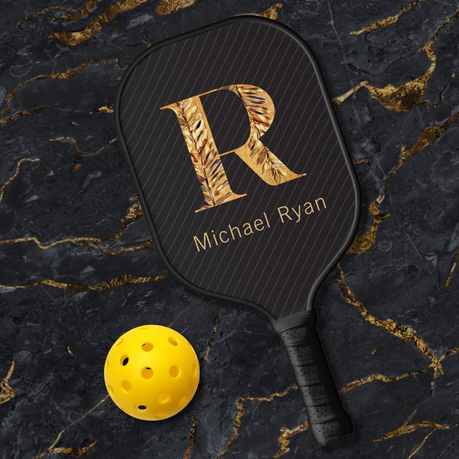 Elegantes Schwarz-Gold-Personalisiertes Monogramm Pickleball Schläger (Von Creator hochgeladen)