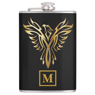 Elegantes Schwarz-Gold-Phoenix-Rising-Monogramm Flachmann