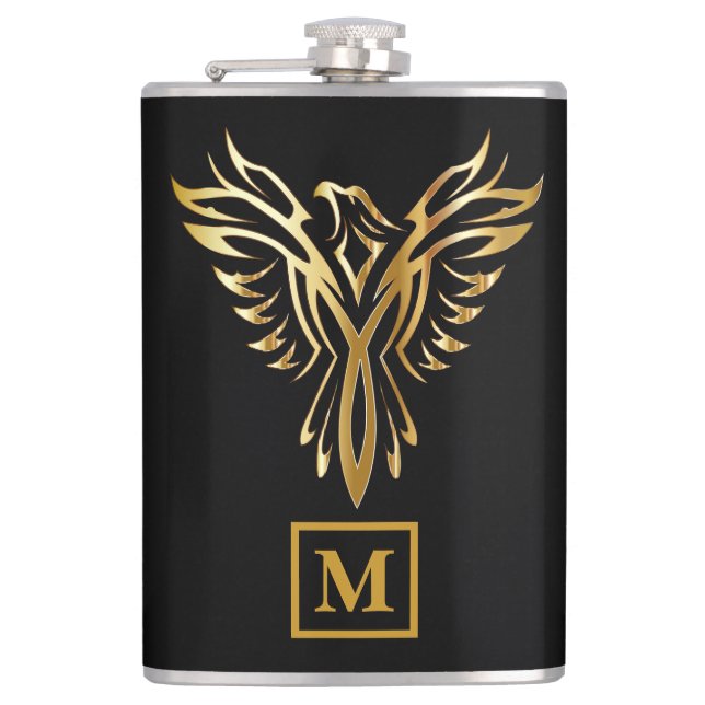 Elegantes Schwarz-Gold-Phoenix-Rising-Monogramm Flachmann (Vorderseite)