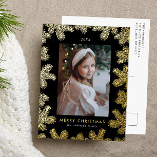 Elegantes Schwarz-Gold-Pine-Rahmen-Foto Folien Feiertagspostkarte