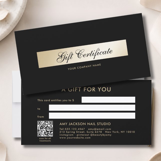 Elegantes Schwarz-Gold-QR-Code-Geschenk-Zertifikat (Elegant Black Gold QR Code Gift Certificate)