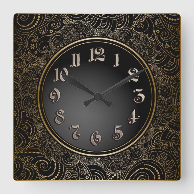 Elegantes Schwarz & Gold Quadratische Wanduhr (Vorderseite)