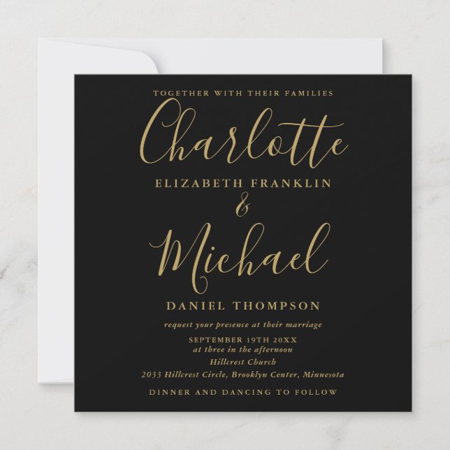 Elegantes Schwarz-Gold-Script in einer Hochzeit Einladung (Vorderseite)