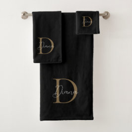 Elegantes Schwarz-Gold-Script-Monogramm Badhandtuch Set