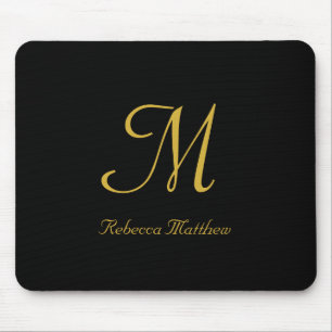 Elegantes Schwarz-Gold-Script-Monogramm Mousepad