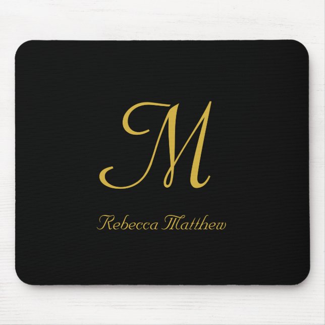 Elegantes Schwarz-Gold-Script-Monogramm Mousepad (Vorne)