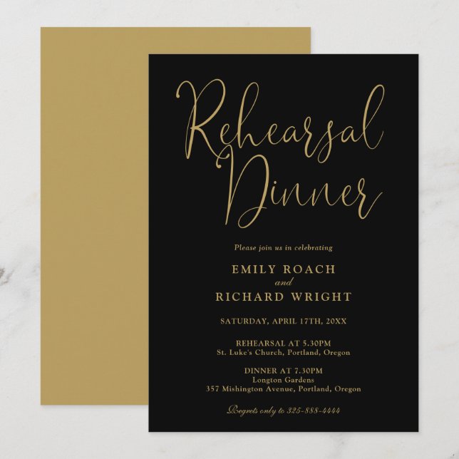 Elegantes Schwarz-Gold-Script-Probe-Dinner Einladung (Vorne/Hinten)