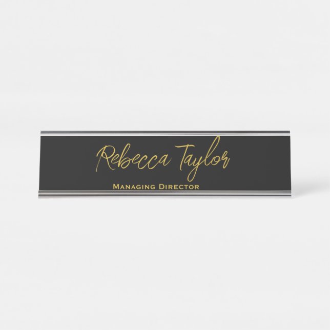 Elegantes Schwarz-Gold-Script Schreibtischnamensplakette (Vorderseite )