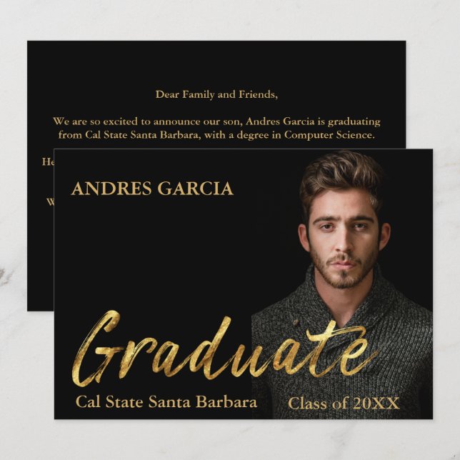Elegantes Schwarz-Gold-Text-Overlay-Foto Ankündigung (Vorne/Hinten)
