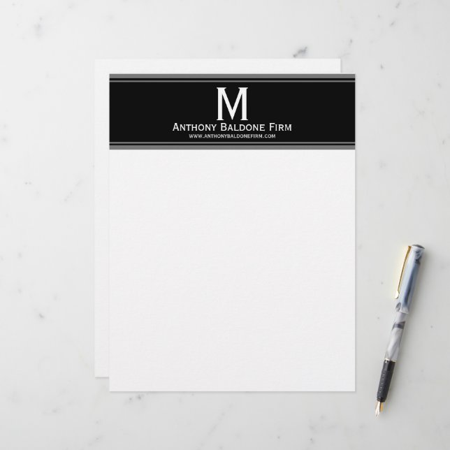 Elegantes Schwarz-Graue Streifen Markenname Monogr Briefbogen (Vorderseite/Rückseite Beispiel)