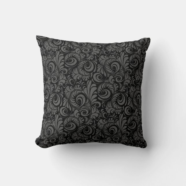 Elegantes Schwarz-Graues Blumenmuster Kissen (Vorderseite)