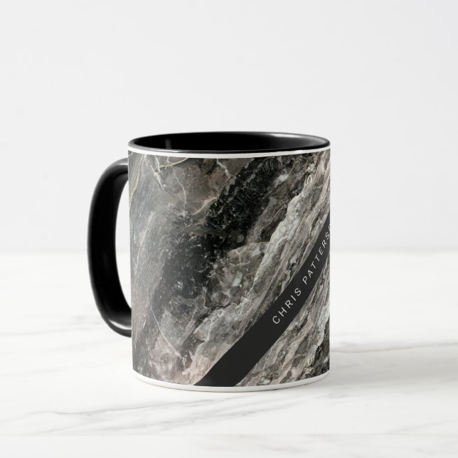 Elegantes schwarz-graues Marmormuster mit Namen Tasse (Vorderseite Links)
