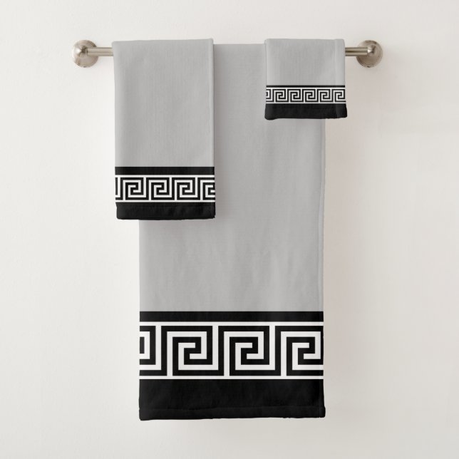 Elegantes schwarz-griechisches Muster auf Light Gr Badhandtuch Set (Insitu)