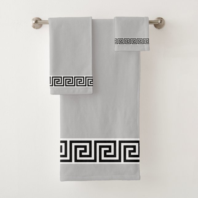 Elegantes schwarz-griechisches Muster auf Silbergr Badhandtuch Set (Insitu)