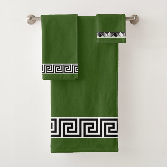 Elegantes schwarz-griechisches Muster auf waldgrün Badhandtuch Set (Insitu)
