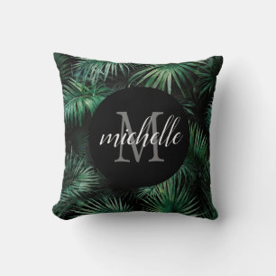 Elegantes Schwarz-Grün Tropical Palm Blätter Monog Kissen