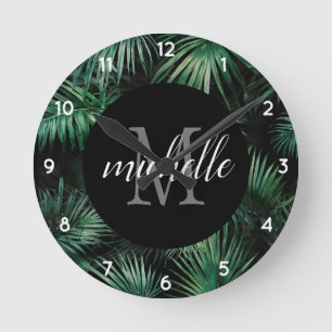 Elegantes Schwarz-Grün Tropical Palm Blätter Monog Runde Wanduhr