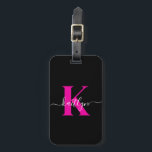 Elegantes Schwarz-Hot-Pink-Script-Monogramm Gepäckanhänger<br><div class="desc">Dieses einfache, elegante, schwarze Gepäckanhänger mit Ihrem Vornamen in einem trendigen Schriftart in Weiß tippte über Ihren ersten Start in einem modernen Mütze-Schriftart in heißen Rosa auf der einen Seite und eine Folie in der Karte für Ihren Namen, Adresse und Telefonnummer auf der anderen Seite würde auf Ihren Koffern fantastisch...</div>
