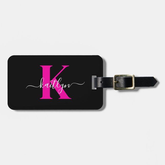 Elegantes Schwarz-Hot-Pink-Script-Monogramm Gepäckanhänger (Vorderseite horizontal)