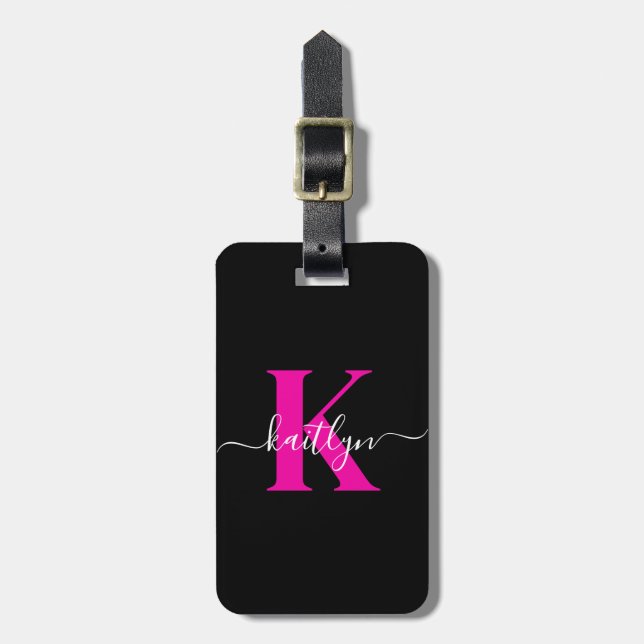 Elegantes Schwarz-Hot-Pink-Script-Monogramm Gepäckanhänger (Vorderseite vertikal)