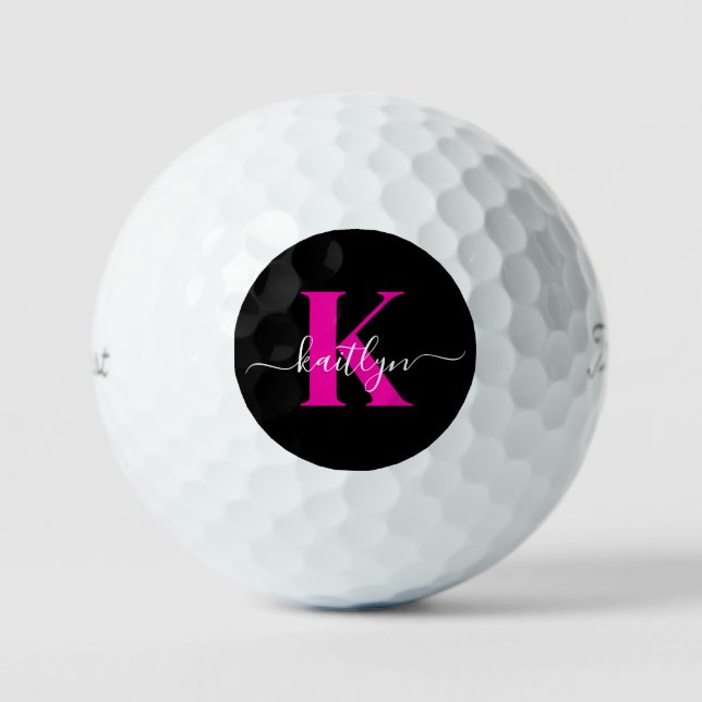 Elegantes Schwarz-Hot-Pink-Script-Monogramm Golfball (Vorderseite)