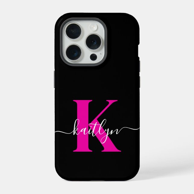 Elegantes Schwarz-Hot-Pink-Script-Monogramm iPhone 15 Pro Hülle (Rückseite)