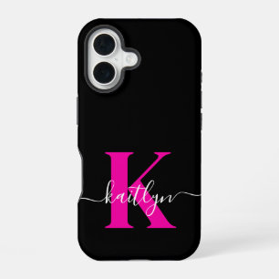 Elegantes Schwarz-Hot-Pink-Script-Monogramm iPhone 16 Hülle