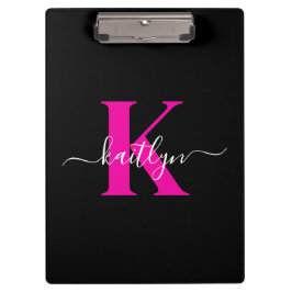 Elegantes Schwarz-Hot-Pink-Script-Monogramm Klemmbrett
