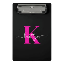 Elegantes Schwarz-Hot-Pink-Script-Monogramm Mini Klemmbrett