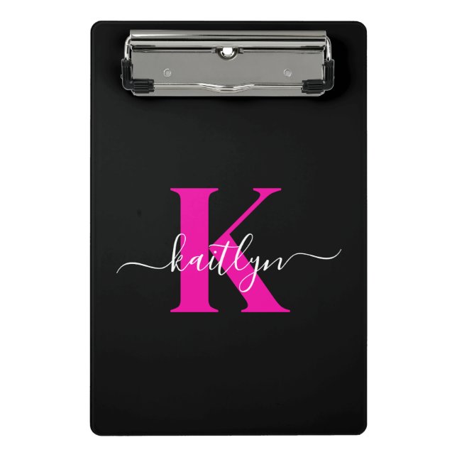 Elegantes Schwarz-Hot-Pink-Script-Monogramm Mini Klemmbrett (Vorderseite)