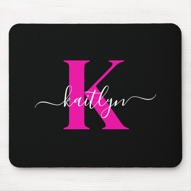Elegantes Schwarz-Hot-Pink-Script-Monogramm Mousepad (Vorne)