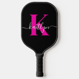 Elegantes Schwarz-Hot-Pink-Script-Monogramm Pickleball Schläger