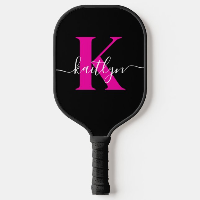 Elegantes Schwarz-Hot-Pink-Script-Monogramm Pickleball Schläger (Vorderseite)