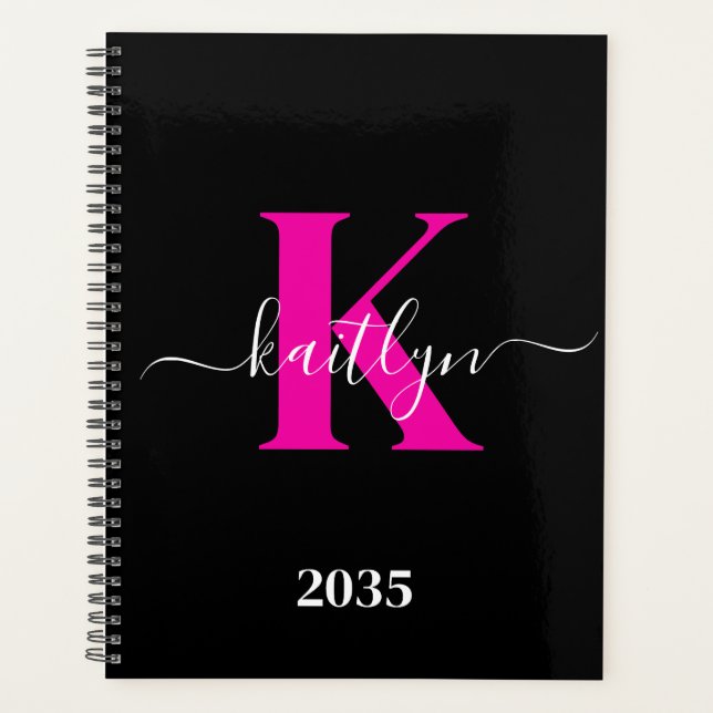 Elegantes Schwarz-Hot-Pink-Script-Monogramm Planer (Vorderseite)