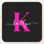 Elegantes Schwarz-Hot-Pink-Script-Monogramm Rechteckiger Pappuntersetzer<br><div class="desc">Diese schlichten, eleganten Untersetzer aus schwarzem Quadrat mit Ihrem Vornamen in einem trendigen Schriftart in Weiß, der über Ihren ersten Start in einem modernen Schriftart in heißen Rosa tippt, eignen sich hervorragend zum behalt von Tischen und Zählern, die frei von Wasserringen sind. Sie nehmen Tröpfchen auf, damit Sie sich keine...</div>