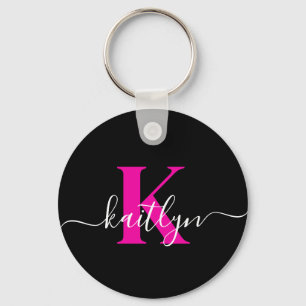 Elegantes Schwarz-Hot-Pink-Script-Monogramm Schlüsselanhänger