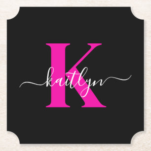 Elegantes Schwarz-Hot-Pink-Script-Monogramm Untersetzer