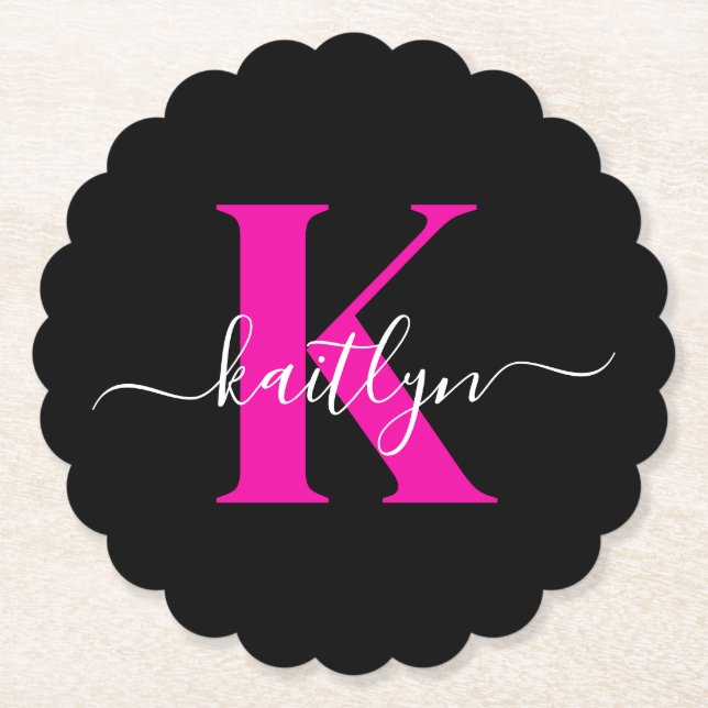 Elegantes Schwarz-Hot-Pink-Script-Monogramm Untersetzer (Vorderseite)