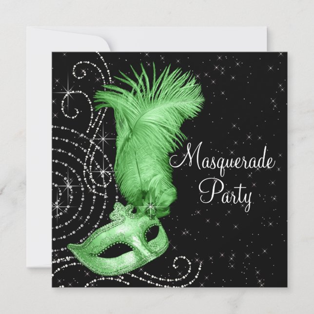 Elegantes Schwarz-Kalkgrün-Masquerade-Party Einladung (Vorderseite)