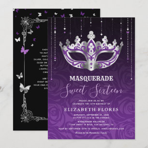 Elegantes Schwarz Lila Silber Maskenball Sweet 16 Einladung