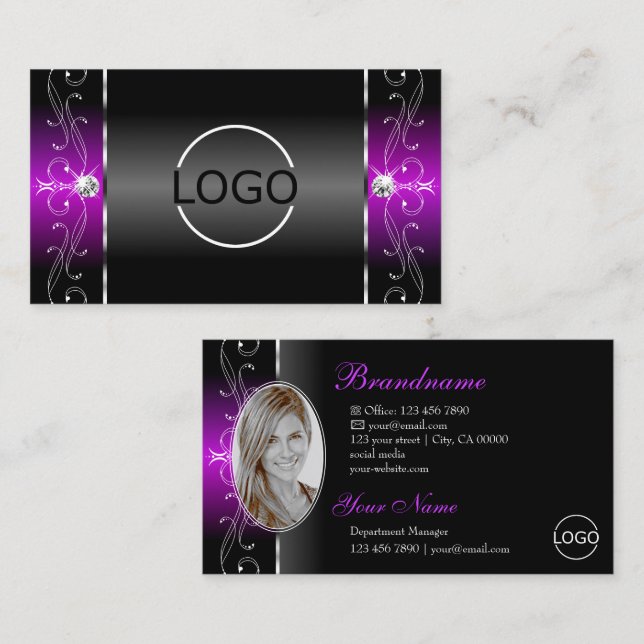 Elegantes Schwarz-Lila-Squiggled-Jewels-Logo und F Visitenkarte (Vorne/Hinten)