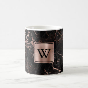 Elegantes Schwarz-Marmor-Roségold-Monogramm Kaffeetasse
