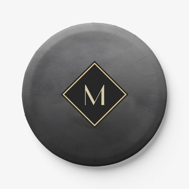 Elegantes Schwarz mit einfachem Goldmonogramm Pappteller (Vorderseite)