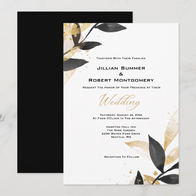 Elegantes Schwarz mit Gold-Hochzeit Einladung (Vorne/Hinten)